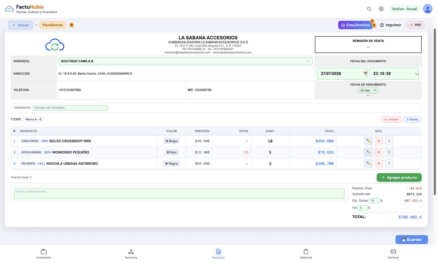 Editor de remisión en FactuNubix: productos, cantidades y total calculado