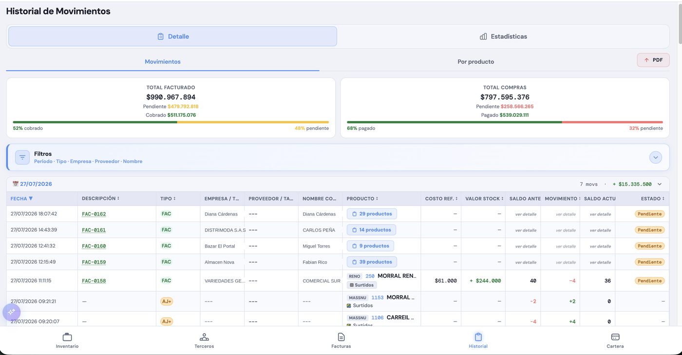 Historial de movimientos en FactuNubix con ventas y compras por día